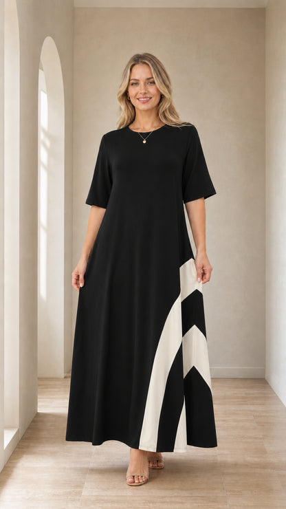 Front view of woman wearing Black color-blocked maxi dress