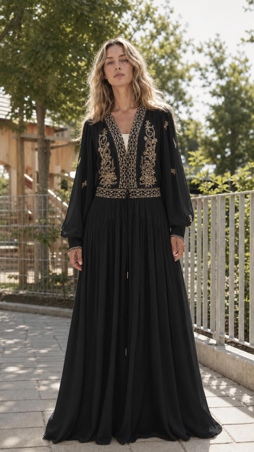 Front view of Black bohemian embroidered long-sleeve maxi dress