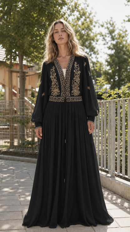 Front view of Black bohemian embroidered long-sleeve maxi dress