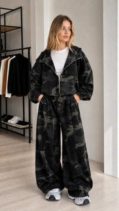 Front styling view of the charcoal camouflage matching jacket and wide-leg pants