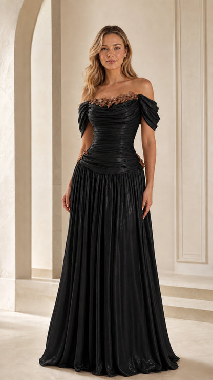 Black off-the-shoulder pleated evening gown with embellished bodice