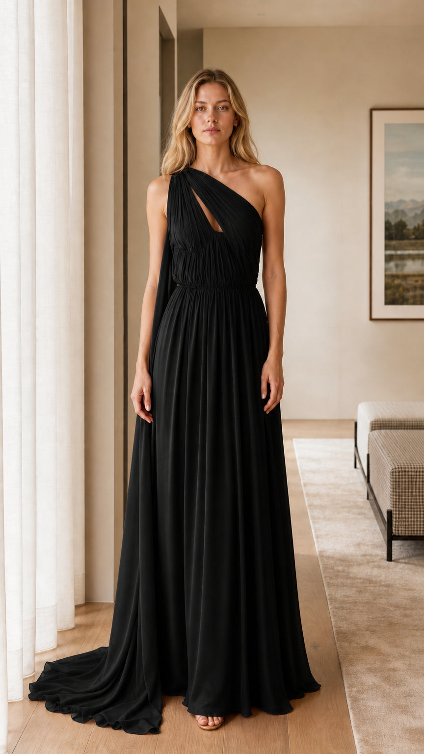 Black one-shoulder pleated maxi evening dress