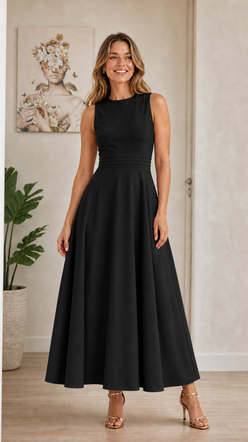 Model wearing black sleeveless A-line midi dress
