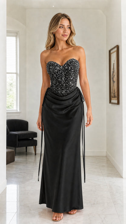 Black variant of the sequin corset satin maxi dress
