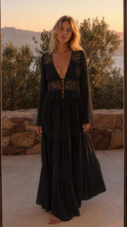 Front view of Black boho lace trim long sleeve maxi dress