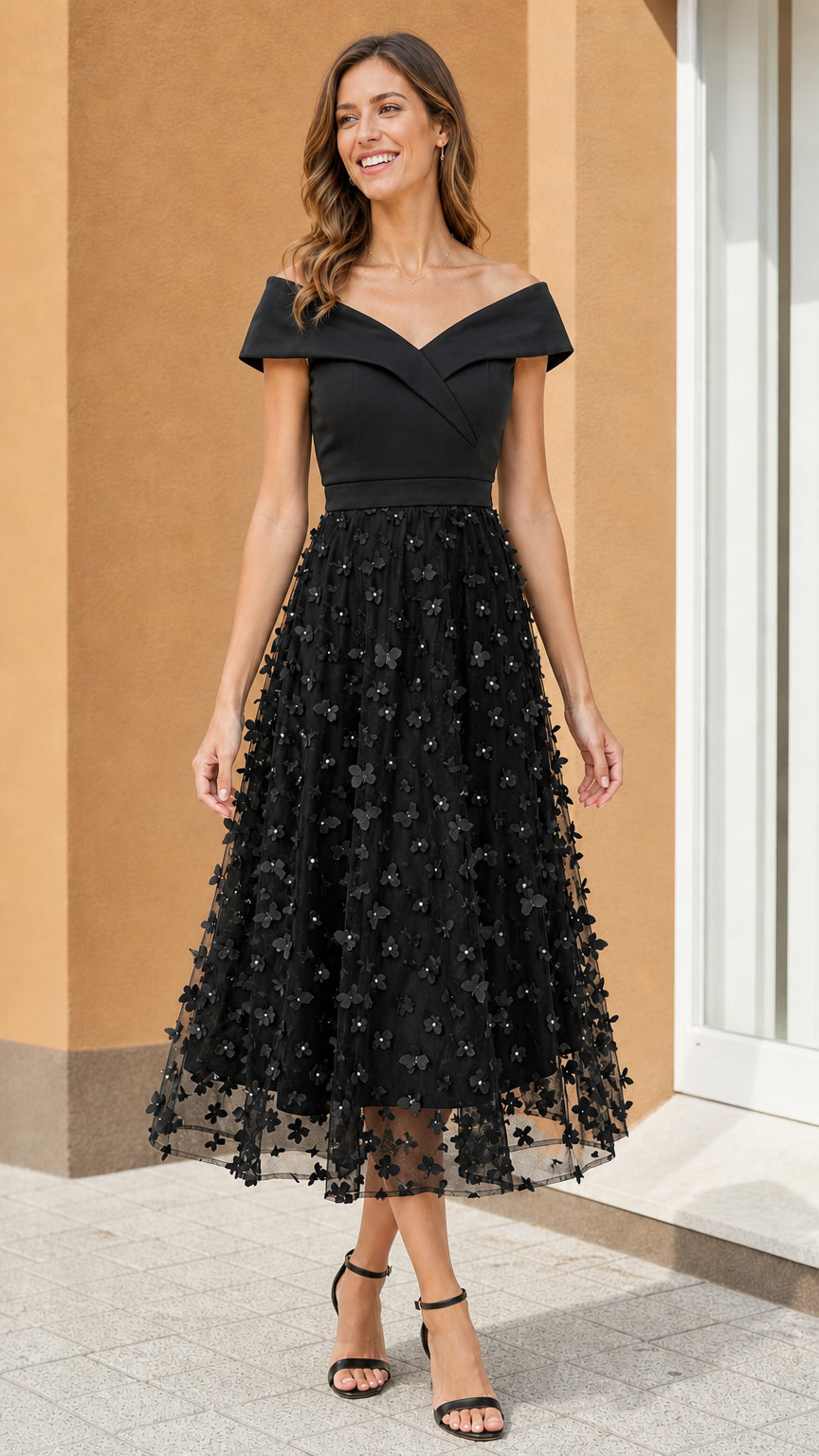 Model wearing Black off-shoulder floral midi dress