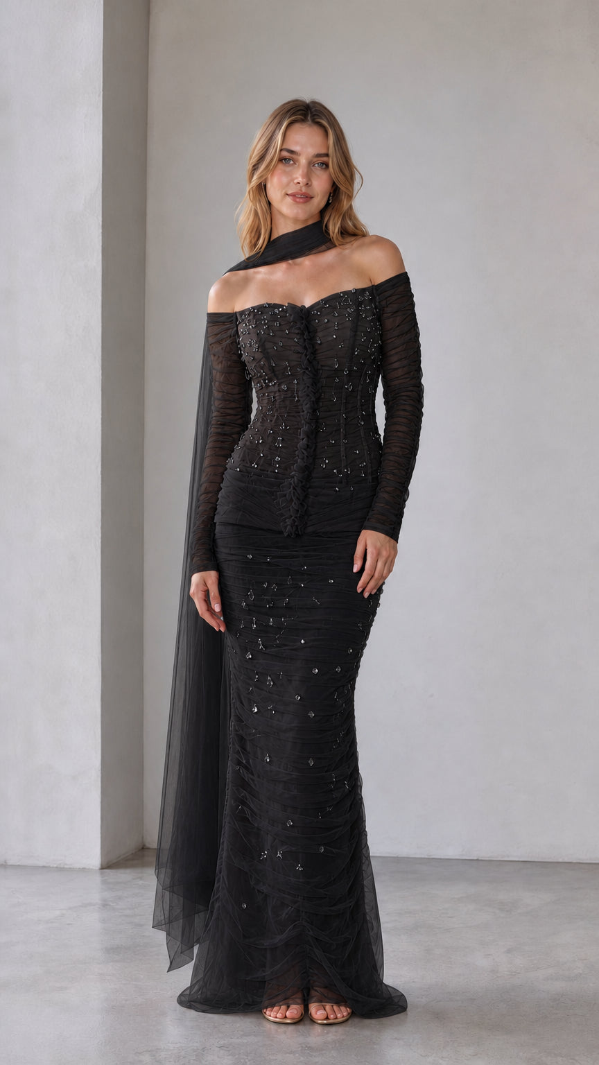 Black embellished off-shoulder mermaid maxi dress with long sleeves