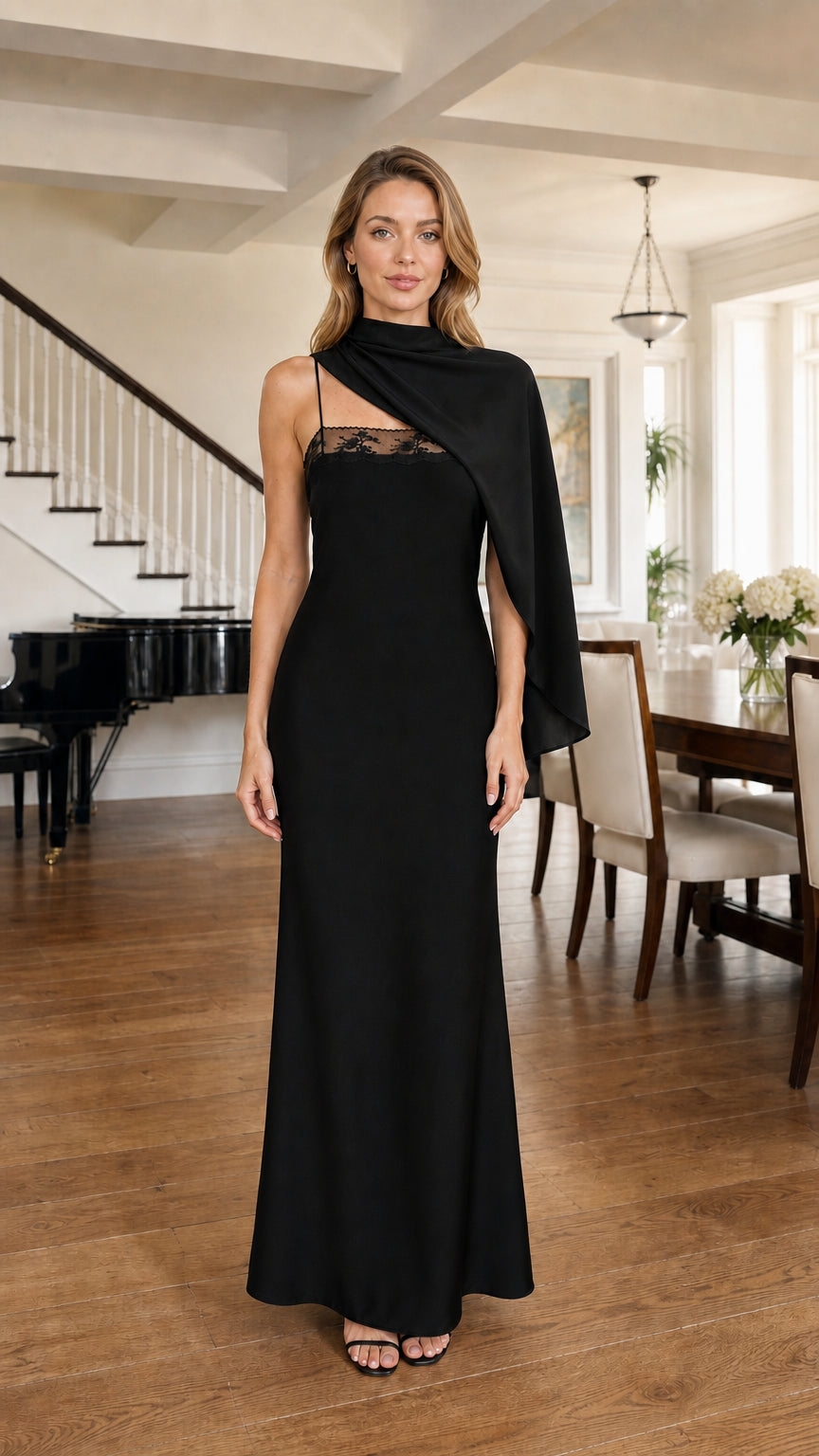 Front view of model wearing Black formal one-shoulder drape maxi dress