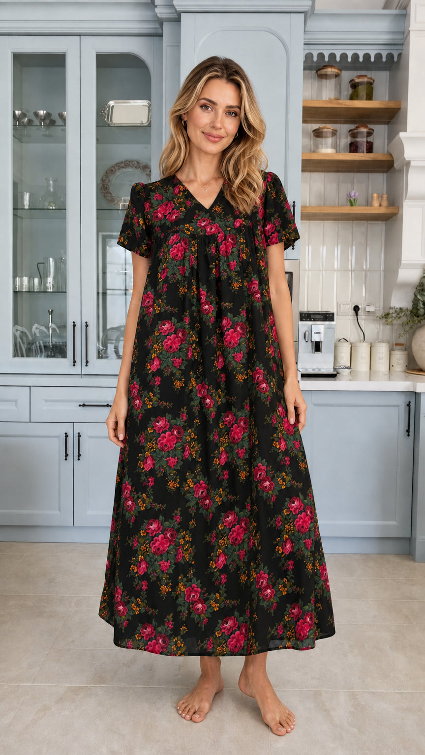 Model wearing black floral print short sleeve maxi lounge dress