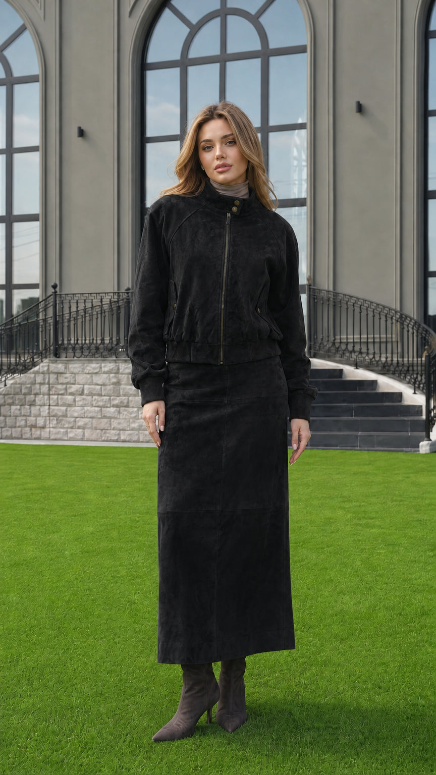 Full-length view of woman wearing Black faux suede bomber jacket and maxi skirt set