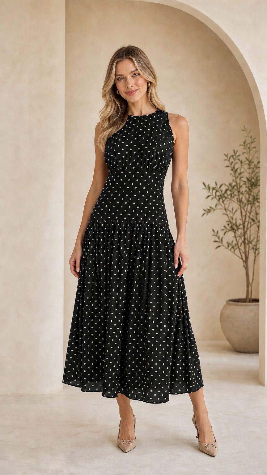 Model wearing black polka dot midi dress