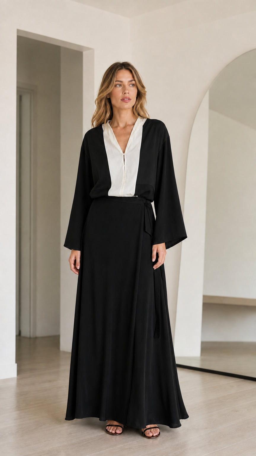 Model wearing Black and white contrast long sleeve maxi dress