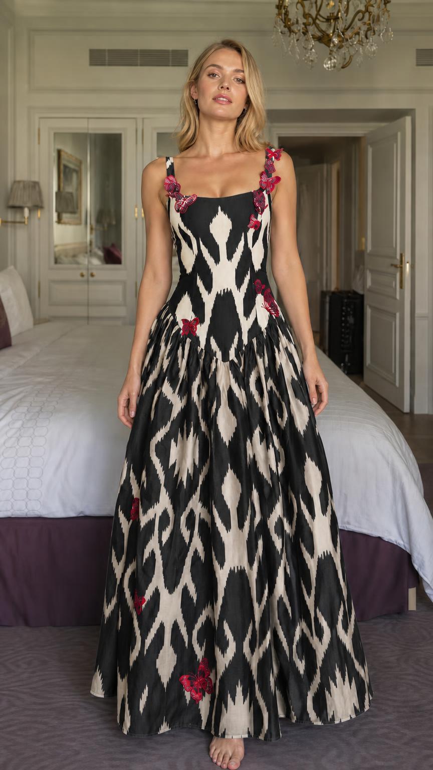 Woman wearing black ikat print maxi dress with butterflies
