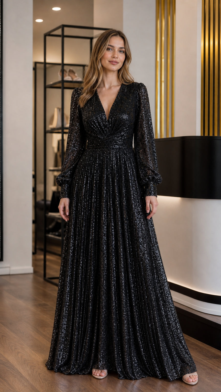 Black pleated sequin long sleeve V-neck formal evening gown
