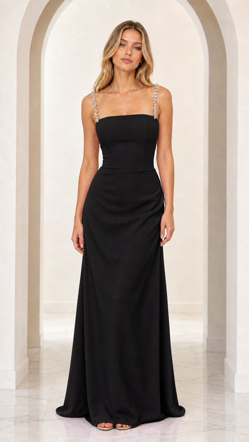 Black floor-length square neck evening gown with rhinestone straps