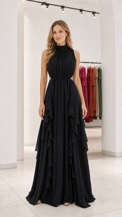 Front view of black evening maxi dress