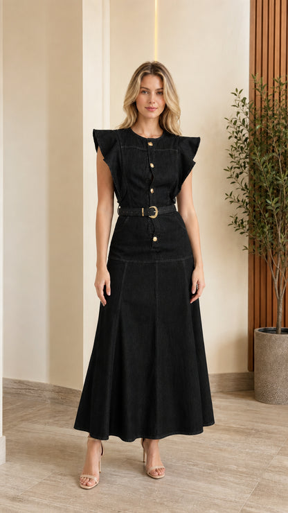Woman wearing Black flutter sleeve belted denim maxi dress