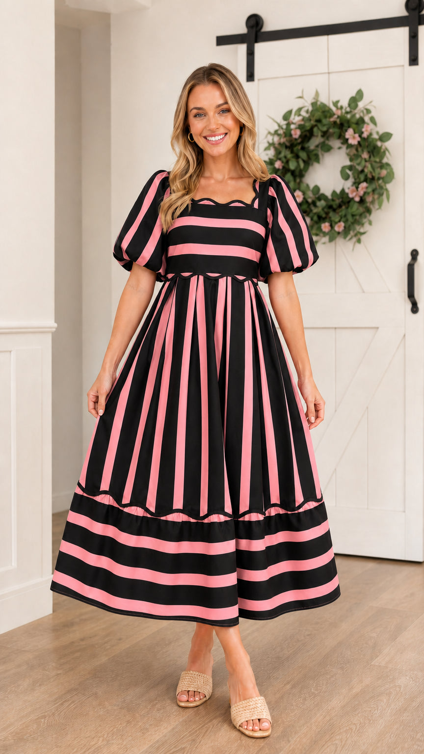 Model wearing black striped midi dress variant