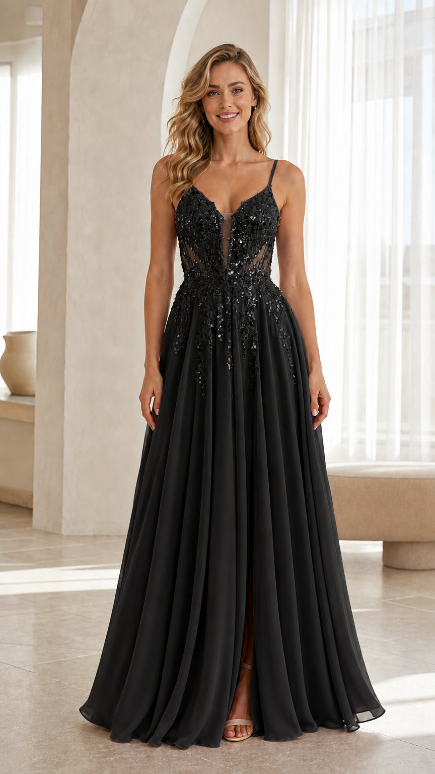 Front view of black evening dress