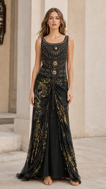 Model wearing black beaded evening dress