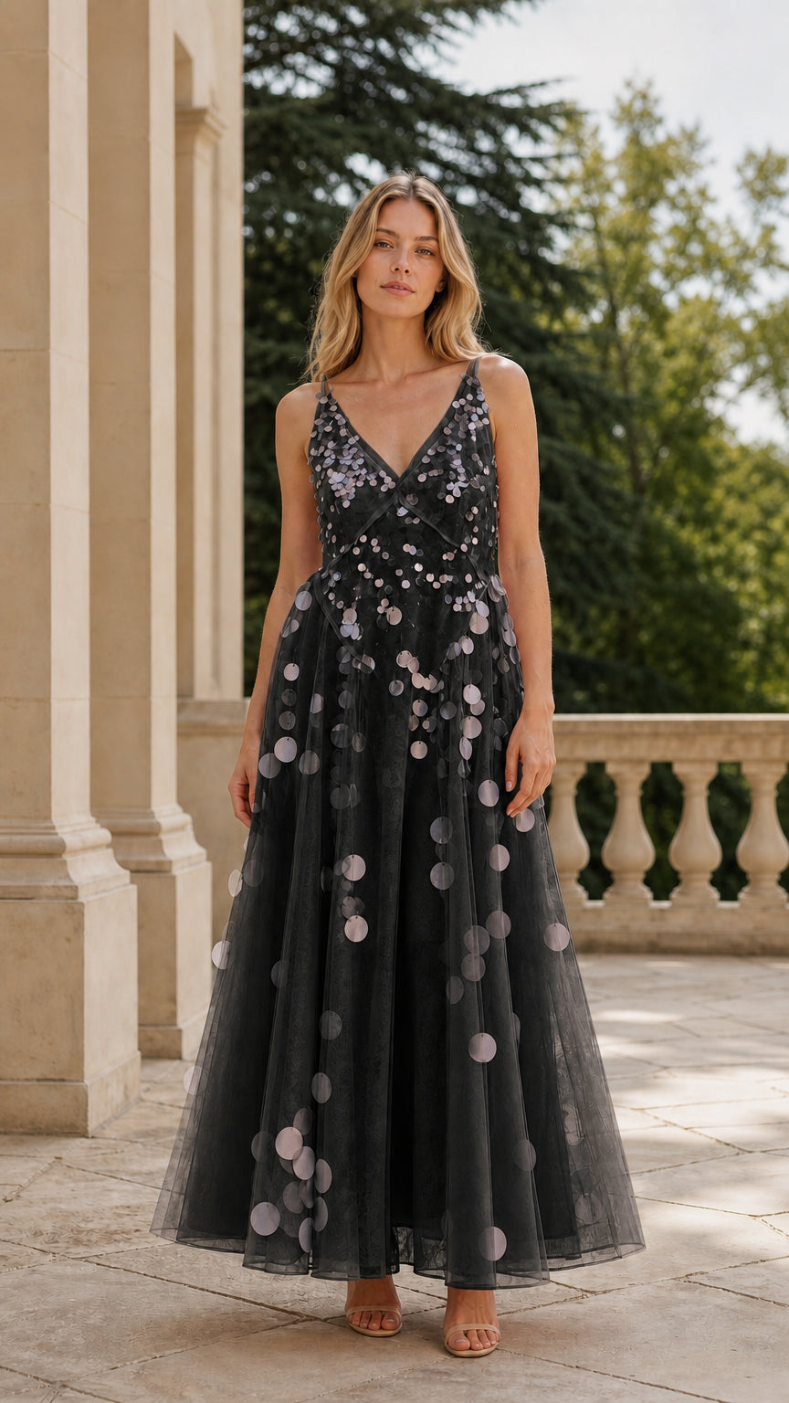 Full length view of woman in black sequin tulle maxi dress