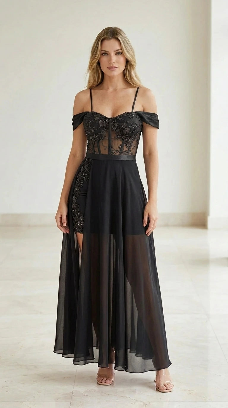 Front view of black evening gown