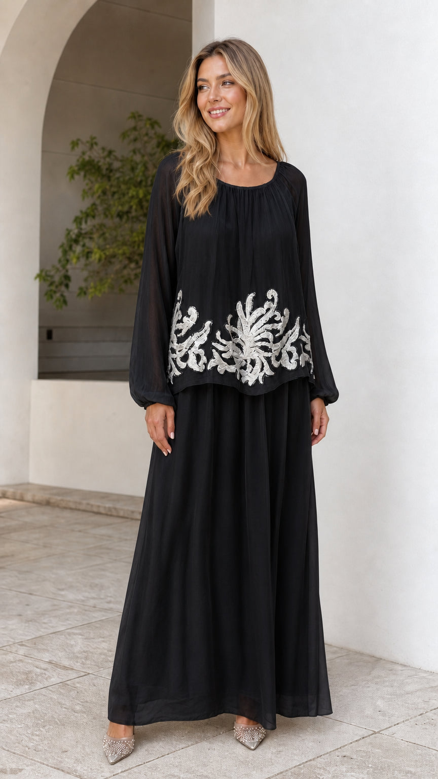 Black long sleeve embroidered overlay formal maxi dress
