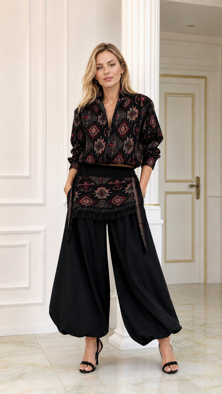 Front view of black geometric pattern blouse and black balloon pants two-piece set