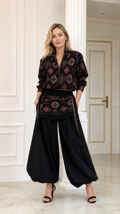 Front view of black geometric pattern blouse and black balloon pants two-piece set