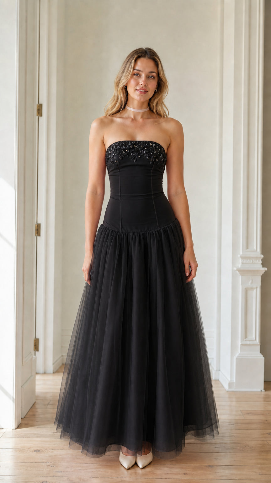 Front view of the black color variant of the tulle maxi dress