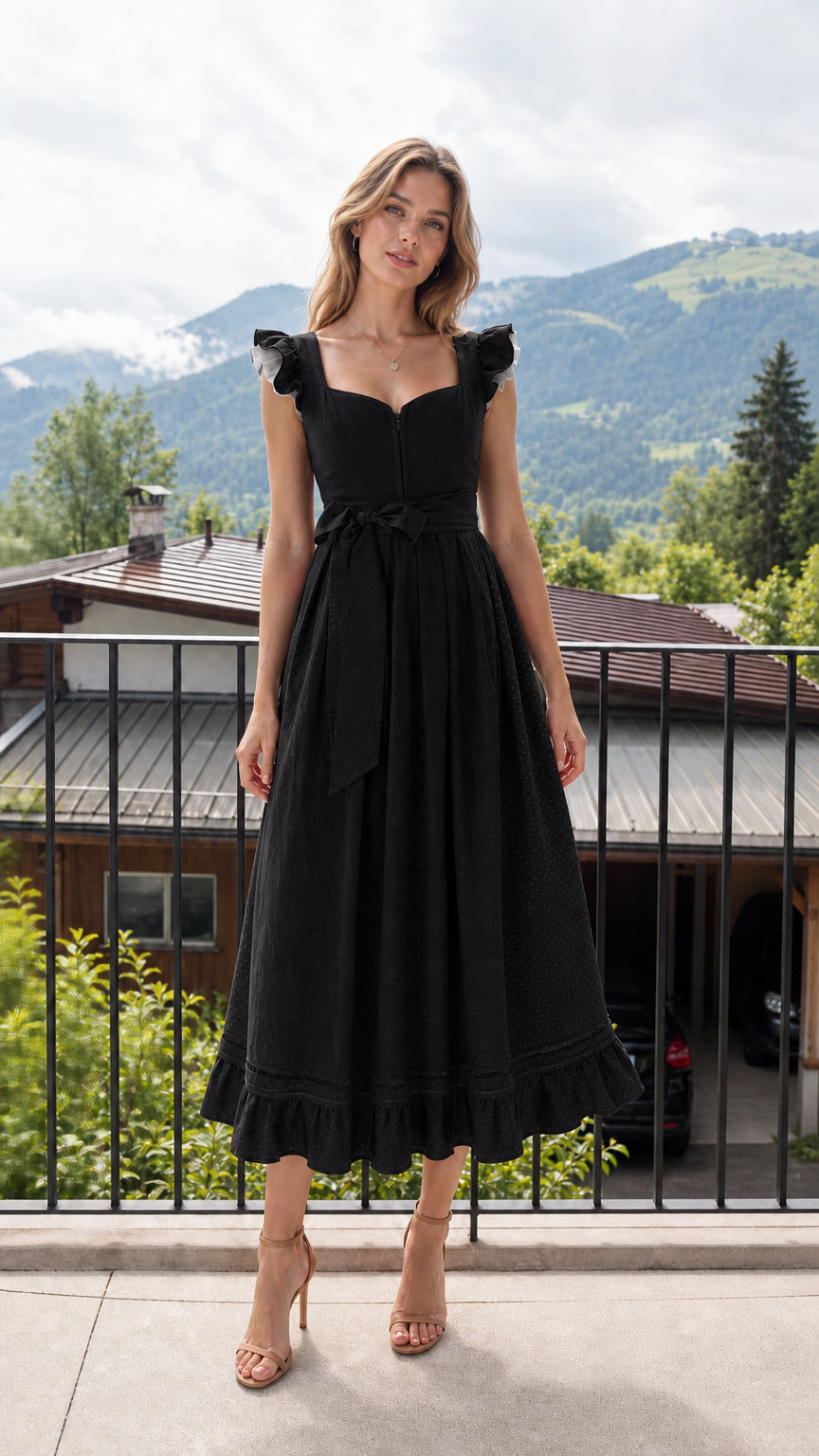 Front view of woman wearing black midi dress