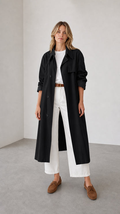 Front full view of woman wearing black trench coat
