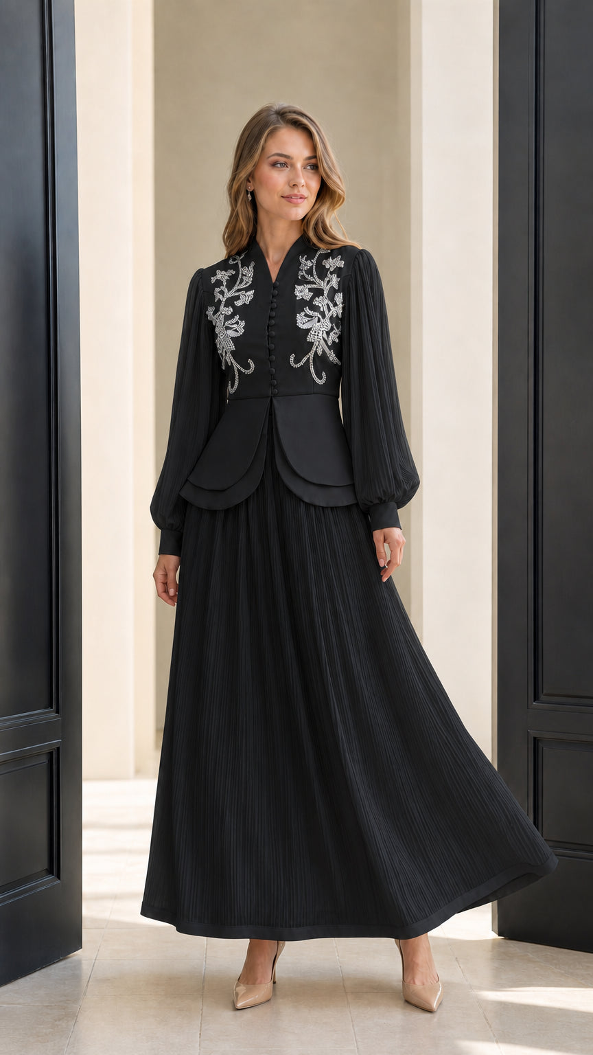 Front view of black beaded long sleeve maxi dress