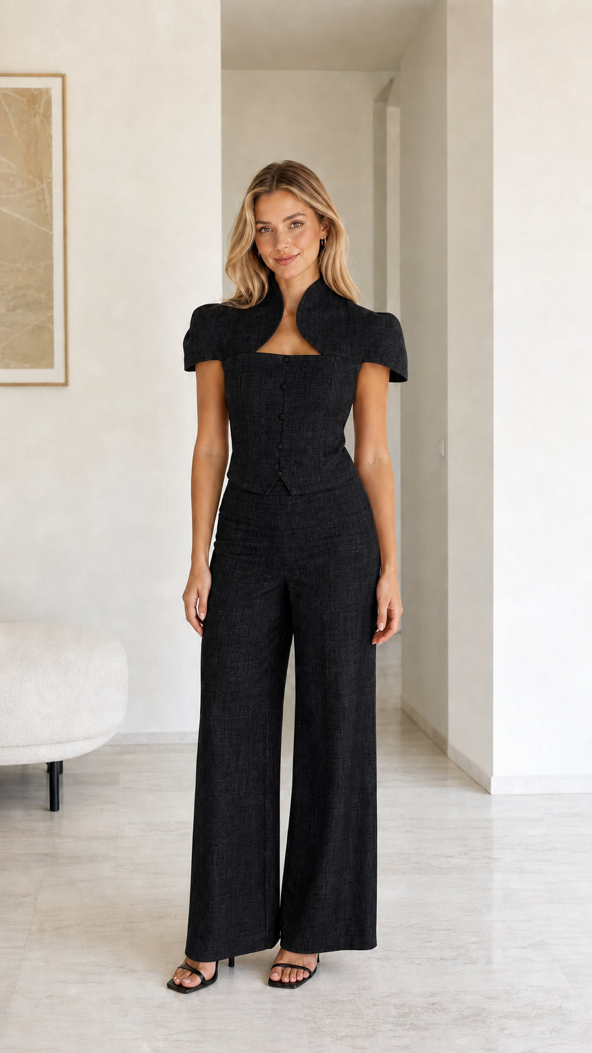 Model wearing black color variant of two-piece set