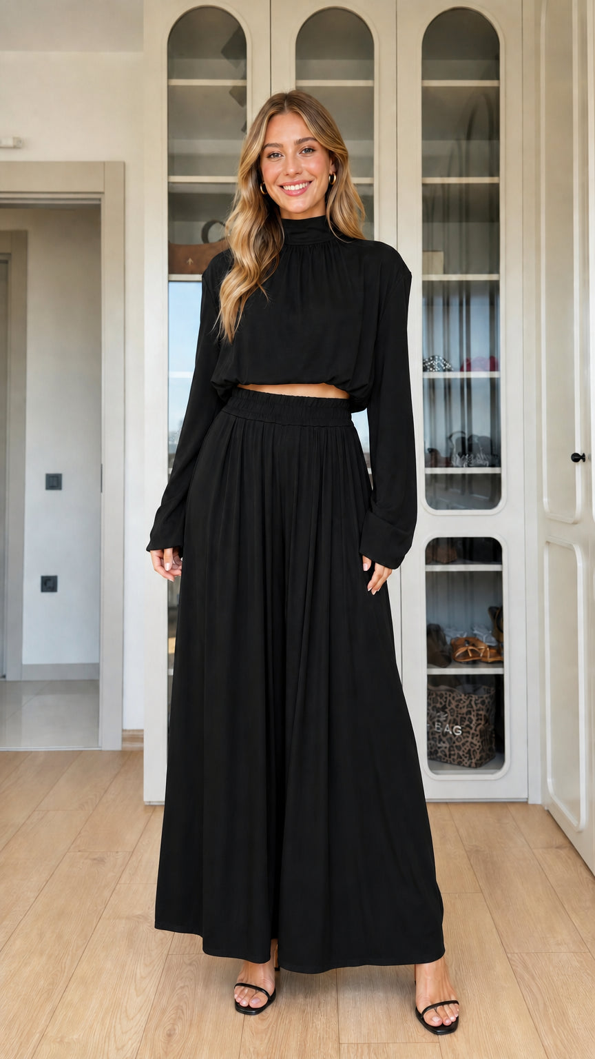 Black mock neck long sleeve crop top and pleated wide-leg pants matching set