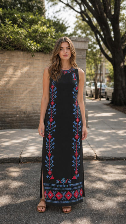 Front view of woman wearing black embroidered maxi dress