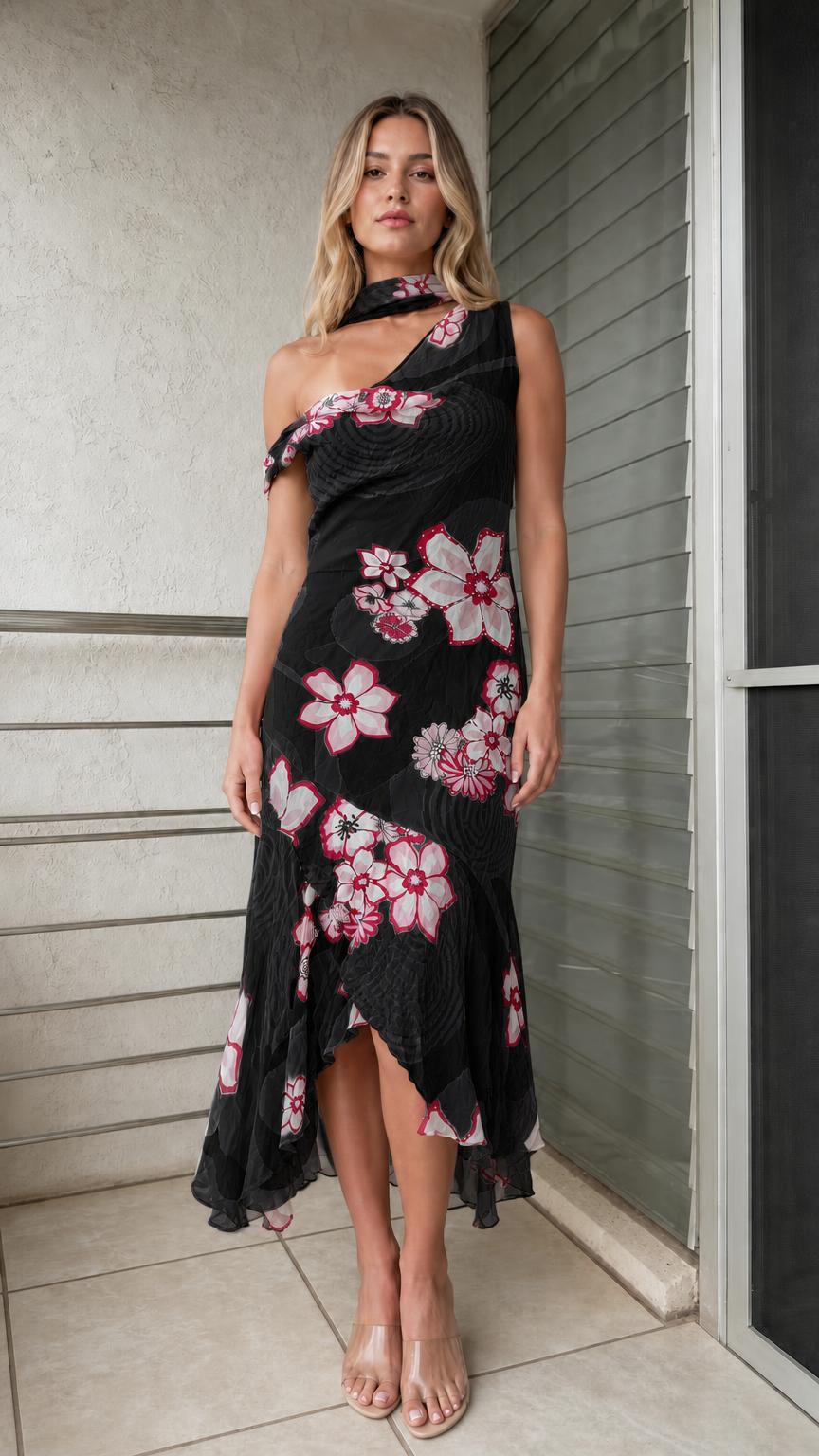 Model wearing black one-shoulder floral print ruffle midi dress