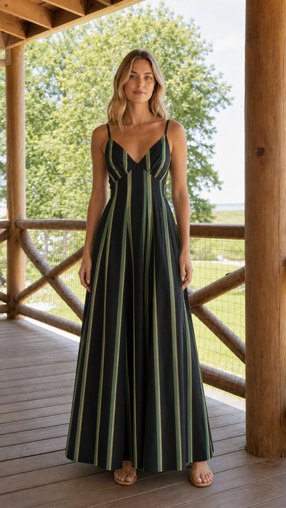 Front view of woman wearing black striped maxi dress
