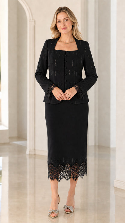 Front view of women's black formal two-piece lace trim skirt suit