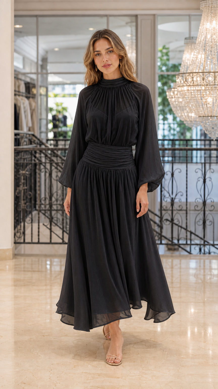 Front view of Black chiffon pleated maxi dress on a model