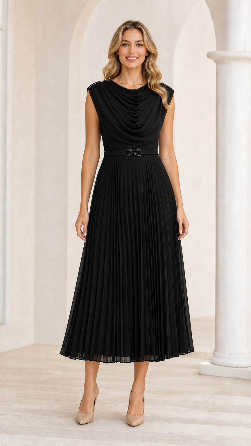 Black cowl neck pleated midi dress