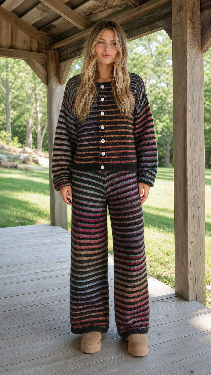 Model wearing Charcoal Multi striped knit cardigan and wide-leg trousers set