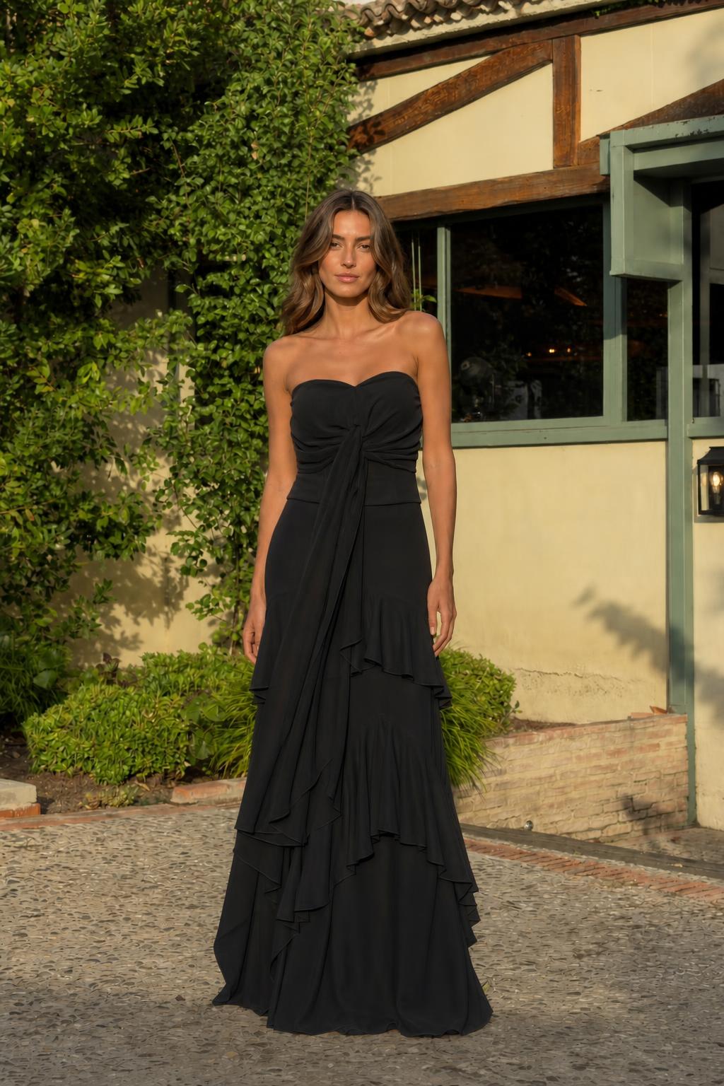 Front view of black strapless evening dress