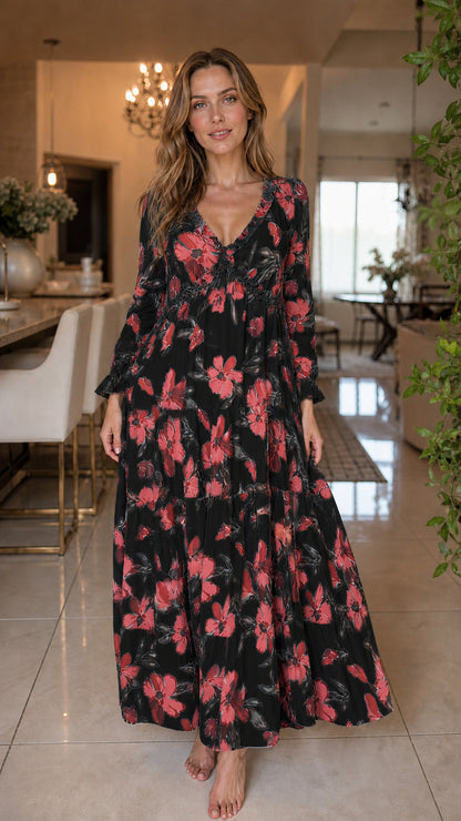 Front view of black floral long sleeve tiered maxi dress