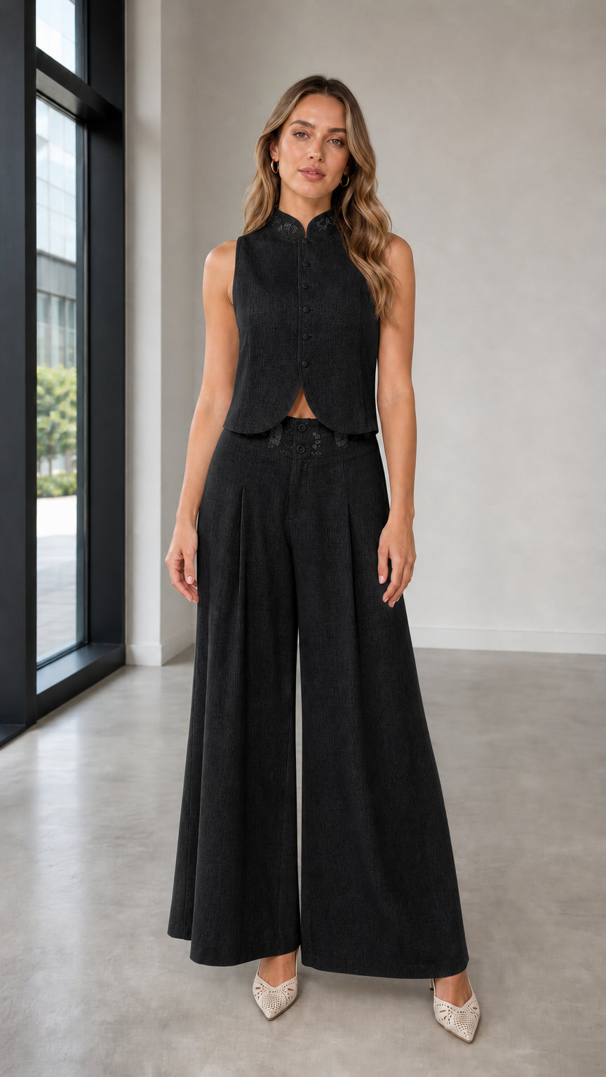 Full-body view of woman in black two-piece set