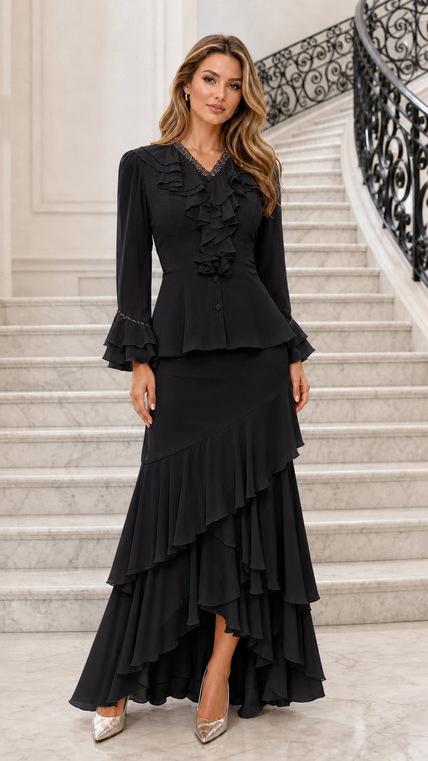 Full view of black ruffled two-piece maxi dress set