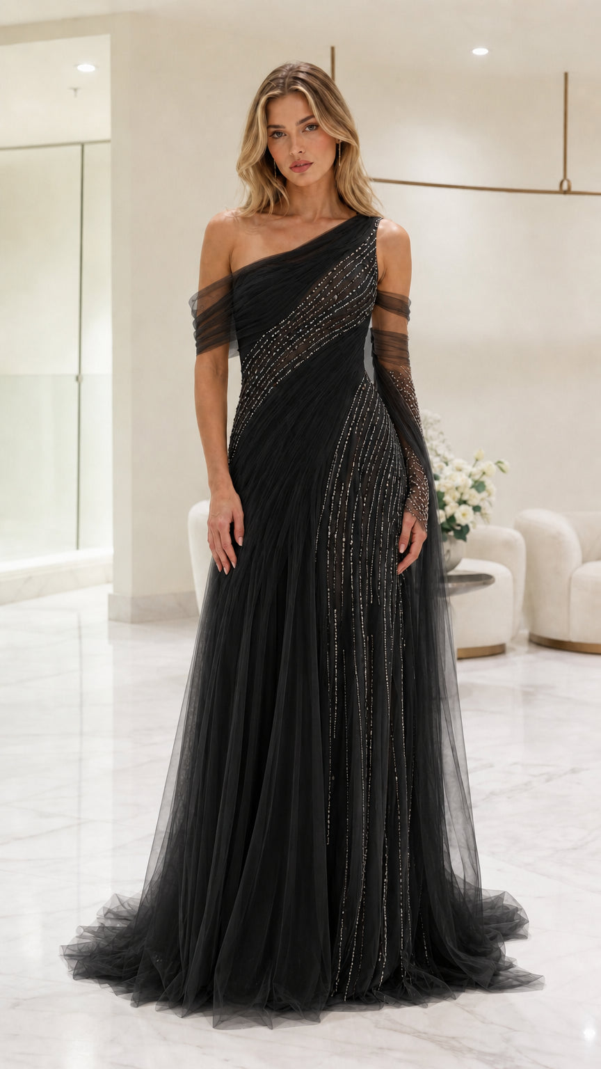 Front view of black one-shoulder evening gown