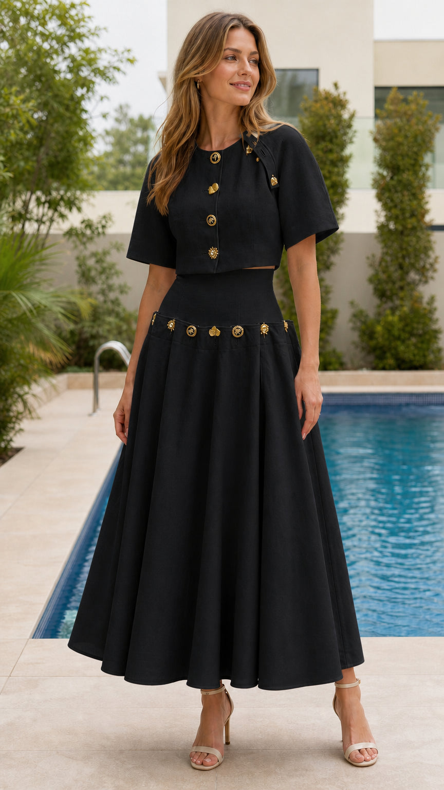 Woman wearing black button-detailed crop top and midi skirt set