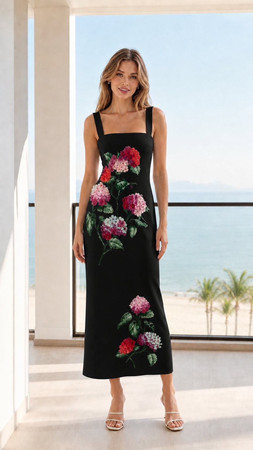 Front view of model wearing Black floral midi dress