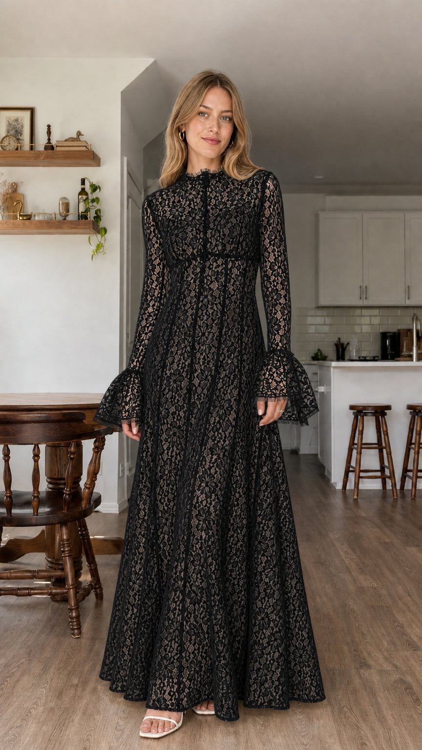 Model wearing black all-over lace long sleeve maxi dress